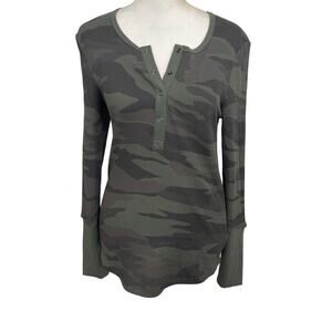Splendid  Y2K Grunge Camo Fitted Waffle Knit Thermal Henley Top Long Sleeve S